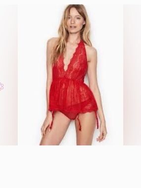 Victoria's Secret Red Lace Halter Chemise with Garter Details